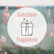 Lade das Bild in den Galerie-Viewer, Grafischer Gutschein mit der Aufschrift „Gutschein Fragantura“. Im Zentrum des runden, transparenten Feldes befindet sich ein minimalistisches Geschenksymbol mit kleinen Herzchen darüber. Der Hintergrund zeigt ein weiches Naturbild mit Gräsern im Gegenlicht.