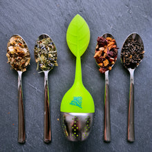 Lade das Bild in den Galerie-Viewer, Grünes Teeei mit Blattgriff und Metallsieb steht zwischen vier Teelöffeln mit unterschiedlichen losen Teesorten: Kräutertee, Lavendelmischung, Früchtetee und Schwarztee – arrangiert auf schwarzem Schieferuntergrund.