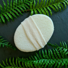 Lade das Bild in den Galerie-Viewer, Ovaler Massagepad mit weichem Frottee-Bezug auf der Vorderseite und strukturierter Luffa-Rückseite zur Hautpflege. Das Pad hat eine Handschlaufe zur einfachen Anwendung und ist auf Naturdeko mit Farnblättern platziert. Ein Etikett mit dem Logo „Fragantura“ ist sichtbar.