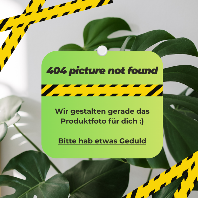 Dieses Platzhalterbild zeigt eine grüne Karte mit abgerundeten Ecken, die vor einer großen Monstera-Pflanze hängt. Oben steht in fetter Schrift „404 picture not found“. Darunter folgt der Hinweis: „Wir gestalten gerade das Produktfoto für dich :) Bitte hab etwas Geduld.“ Schwarze und gelbe Warnstreifen umrahmen das Schild und machen deutlich, dass es sich um eine temporäre Grafik handelt. Das tatsächliche Produktfoto wird in Kürze verfügbar sein.